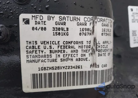 2000 Saturn Sl1 from USA, damaged, VIN 1G8ZH528XYZ234261